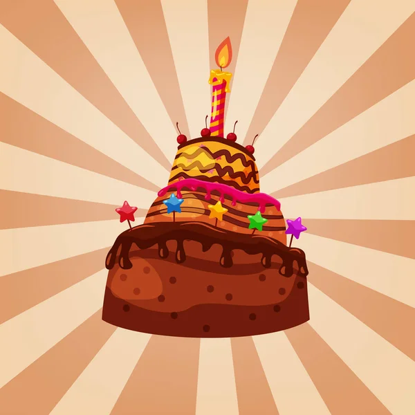 День рождения торт шоколадный карамель украшен вишневыми сладостями свечи. Векторный изолированный стиль мультфильма — стоковый вектор
