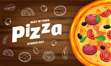 Pizza Pizzeria İtalyan yatay şablon el ilanı el ilanı ahşap arka plan fast food üst görünümü nde malzemeler ve metin ile. Gıda menüsü veya sokak gıda posterleri tasarım, baskılar, web için vektör illüstrasyon