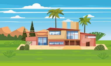 Egzotik ülkede ikamet modern villa, lahdscape tropik palmiye ağaçları pahalı konak. Lüks yazlık ev dış. Karikatür vektör illüstrasyon