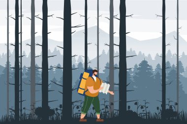 Tourist man with map and backpack performing outdoor touristic activity. Forest trees mountain landscape. Adventure travel, hiking walking trip tourism wild nature trekking. Flat cartoon colorful clipart