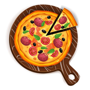 Farklı malzemeler domates, peynir, zeytin, sosis, fesleğen ile pizza ve dilim üçgen. Geleneksel İtalyan Fast Food. Ahşap tahta üzerinde üst görünüm yemek. Avrupa geleneksel Snack. İzole beyaz