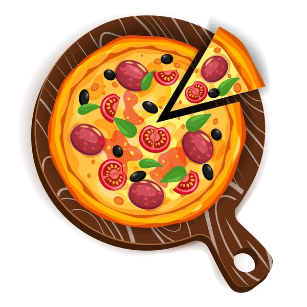 Pizza dan segitiga iris dengan bahan yang berbeda tomat, keju, zaitun, sosis, kemangi. Makanan cepat saji tradisional Italia. Top melihat makanan di papan kayu. Makanan ringan tradisional Eropa. Putih terisolasi - Stok Vektor