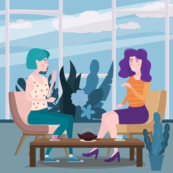 Bir kafede iki kız arkadaş romantik toplantı. Sandalyelerde çay içerken oturun, toplantı ve sohbetten eğlenin ve dinlenin. Dostluk ve iletişim, iç flora cafe arka plan — Stok Vektör