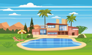Egzotik bir ülkede ikamet modern Villa, lahdscape tropikal palmiye ağaçları pahalı Konağı. Lüks yazlık ev dış mavi yüzme havuzu şezlong plaj şemsiye. Karikatür vektör