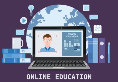Dizüstü bilgisayar elektronik kütüphane uzaktan eğitim, online kurslar, e-öğrenme, öğreticiler eğitim kursları öğretmen antrenör eğitmen erkekler ile online eğitim websemineri simgeleri kompozisyon. Vektör düz