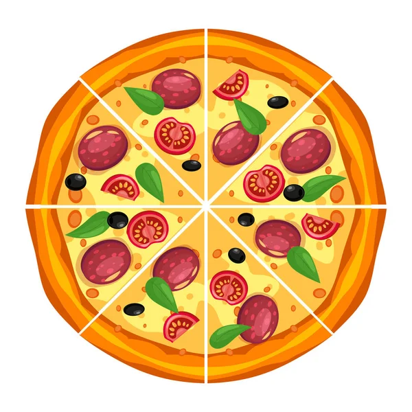 Segitiga pizza dengan bahan yang berbeda tomat, keju, zaitun, sosis, kemangi. Makanan cepat saji tradisional Italia. Top tampilan makan. Makanan ringan tradisional Eropa. Vektor latar belakang putih terisolasi - Stok Vektor