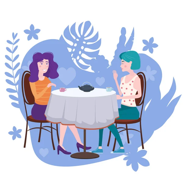 Encuentro romántico de dos novias en un café. Sentarse a beber té en sillas, divertirse y relajarse de la reunión y la conversación. Amistad y comunicación, amor flora fondo concepto — Archivo Imágenes Vectoriales