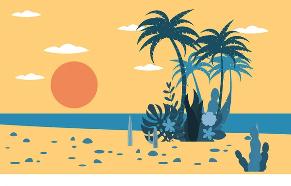 Tropische Landschaft Meer Strand Sonnenuntergang Palmen, Pflanzen Flora Hintergrund für Banner, Grußkarte, Plakatvorlage. Vektor-Illustration im trendigen flachen Stil — Stockvektor