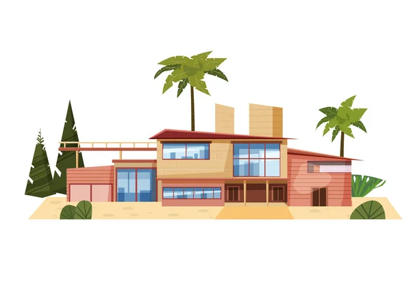 Villa moderne sur résidence, cher manoir palmiers. Chalet de luxe extérieur. Illustration vectorielle de bande dessinée — Image vectorielle