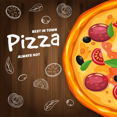 Pizza Pizzeria Italyan malzemeler ve metin ahşap arka plan hızlı gıda üst görünüm şablon broşürü baner. Yemek menüsü veya sokak gıda posterleri tasarım, baskılar, Web için vektör illüstrasyon
