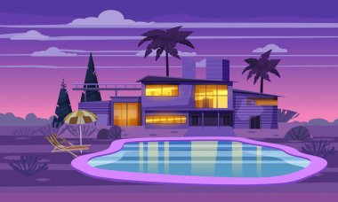 Egzotik bir ülke gecesi ikamet modern Villa, lahdscape tropikal palmiye ağaçları pahalı Konağı. Lüks kır evi dış Yüzme Havuzu. Karikatür vektör illüstrasyon