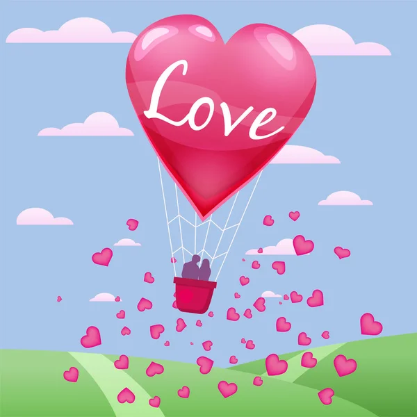 Tarjeta de invitación de amor y día de San Valentín, globo aerostático con pareja volando sobre hierba con corazón flotando en el cielo. Volante aislado del baner del cartel del vector — Archivo Imágenes Vectoriales