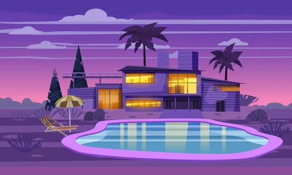Modern villa on residence in exotic country night, expensive mansion in lahdscape tropics palm trees. Luxury cottage house exterior swimming pool. Cartoon vector illustration — Stock Vector