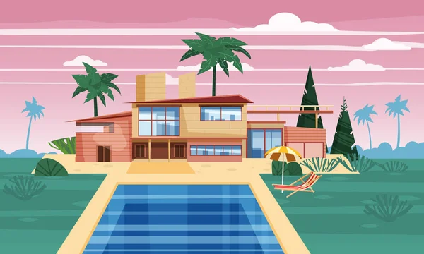 Modern villa on residence in exotic country, expensive mansion in lahdscape tropics palm trees. Luxury cottage house exterior blue swimming pool chaise lounge beach umbrella. Cartoon vector — Stock Vector