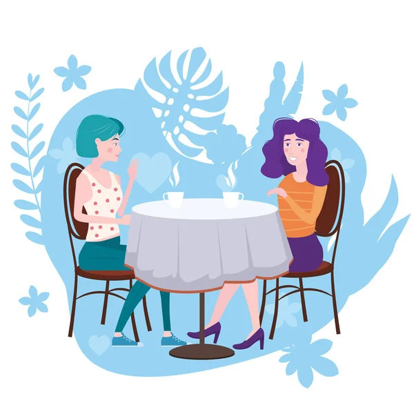 Romantic meeting of two girlfriends in a cafe. Sit drinking coffee in chairs, have fun and relaxation from the meeting and conversation. Friendship and communication, flora background concept. Vector