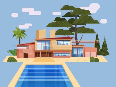 Rezidansta modern Villa, pahalı konak palmiye ağaçları. Lüks kır evi dış mavi Yüzme Havuzu. Karikatür vektör illüstrasyon