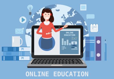 Dizüstü Elektronik Kütüphane uzaktan eğitim, online kurslar, e-öğrenme, Öğreticiler eğitim kursları üzerinde öğretmen antrenör eğitmen kadın ile online eğitim Webinar simgeler kompozisyon. Vektör düz