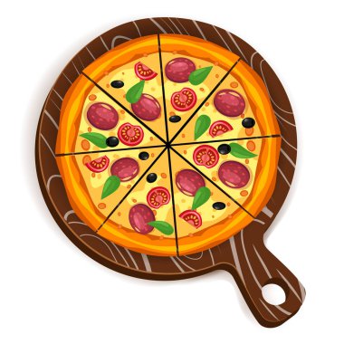 Farklı malzemeler domates, peynir, zeytin, sosis, fesleğen ile pizza dilim üçgenler. Geleneksel İtalyan Fast Food. Ahşap tahta üzerinde üst görünüm yemek. Avrupa geleneksel Snack. İzole beyaz