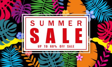 Yaz satışı afiş tropikal yaprakları çiçekler arka plan, renk egzotik çiçek tasarım banner, afiş, davetiye, poster ile mevsimlik satış için şablon. Kağıt kesme stili, vektör illüstrasyon