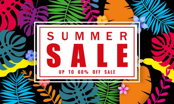 Yaz satışı afiş tropikal yaprakları çiçekler arka plan, renk egzotik çiçek tasarım banner, afiş, davetiye, poster ile mevsimlik satış için şablon. Kağıt kesme stili, vektör illüstrasyon
