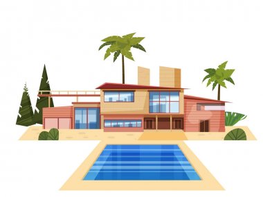Rezidansta modern Villa, pahalı konak palmiye ağaçları. Lüks kır evi dış mavi Yüzme Havuzu. Karikatür vektör illüstrasyon