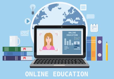 Dizüstü Elektronik Kütüphane uzaktan eğitim, online kurslar, e-öğrenme, Öğreticiler eğitim kursları üzerinde öğretmen antrenör eğitmen kadın ile online eğitim Webinar simgeler kompozisyon. Vektör düz