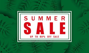 Yaz satışı afiş tropikal yaprakları çiçekler arka plan, renk egzotik çiçek tasarım banner, afiş, davetiye, poster ile mevsimlik satış için şablon. Kağıt kesme stili, vektör illüstrasyon