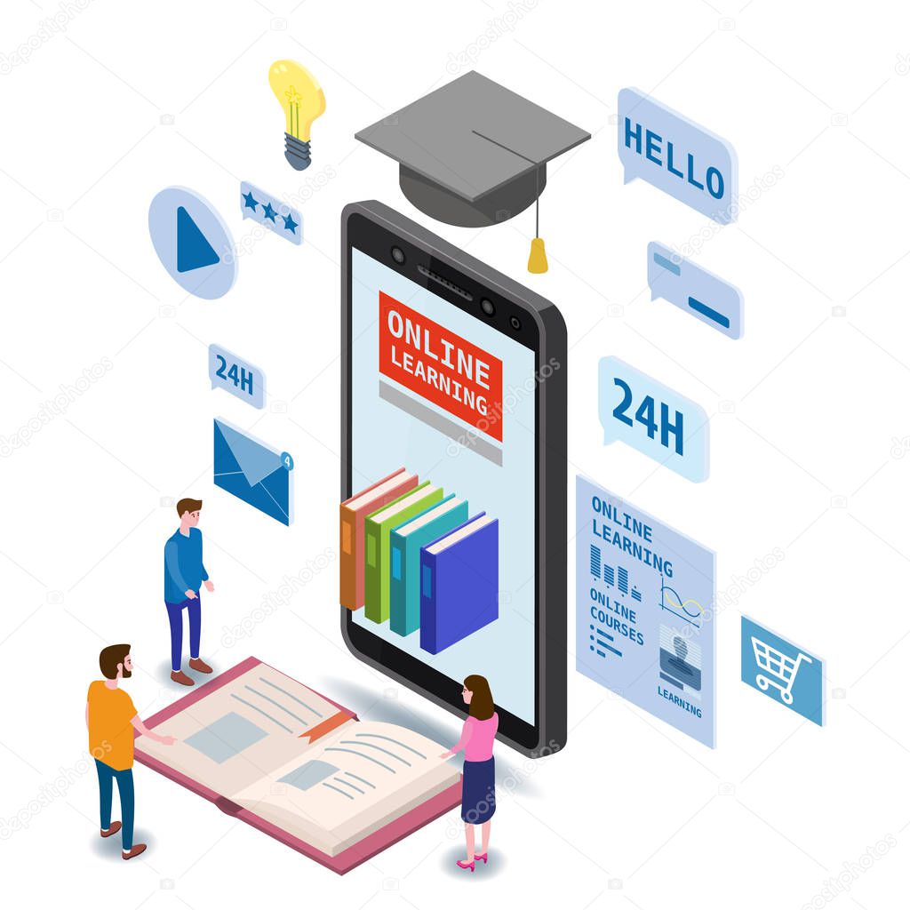 Online education isometric icons composition with little people taking books from smartphone electronic library online global education training courses, university studies and digital library