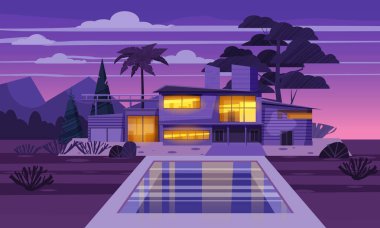 Egzotik bir ülke gecesi ikamet modern Villa, lahdscape tropikal palmiye ağaçları pahalı Konağı. Lüks kır evi dış Yüzme Havuzu. Karikatür vektör illüstrasyon