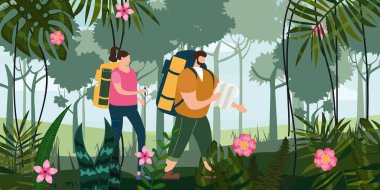 Tourists cute couple with map and backpacks performing outdoor touristic activity. Forest trees mountain landscape. Adventure travel, hiking walking trip tourism wild nature trekking. Pair of tourists clipart
