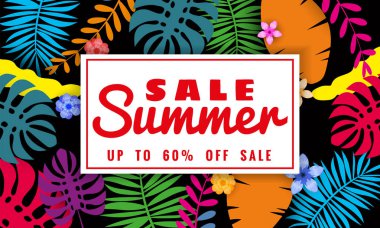 Yaz satışı afiş tropikal yaprakları çiçekler arka plan, renk egzotik çiçek tasarım banner, afiş, davetiye, poster ile mevsimlik satış için şablon. Kağıt kesme stili, vektör illüstrasyon