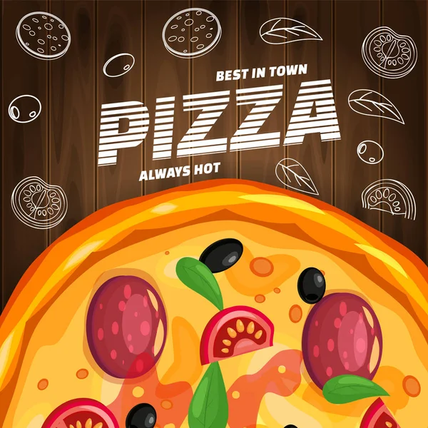 Pizza Pizzería italiana con ingredientes y texto sobre fondo de madera de comida rápida vista superior plantilla volante baner. Ilustración vectorial para menú de alimentos o carteles de comida callejera diseño, impresiones, web — Vector de stock