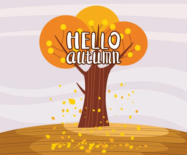 Hola Otoño paisaje solitario árbol en tendencia estilo plano horizonte panorama de dibujos animados. Ilustración vector banner aislado postal cartel — Vector de stock