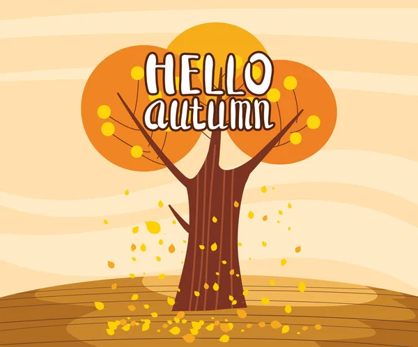 Hola Otoño paisaje solitario árbol en tendencia estilo plano horizonte panorama de dibujos animados. Ilustración vector banner aislado postal cartel — Vector de stock