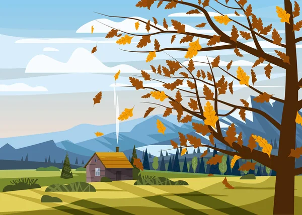 秋の田舎の田舎の風景木黄色い赤いオレンジ色の葉の森の農家秋パノラマ地平線ロマンチックな気分。イラストベクトル×バナーポスターポストカードトレンドフラット漫画 — ストックベクタ