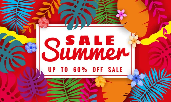 Summer sale paper cut style, banner template for seasonal sales with tropical leaves flowers background, color exotic floral design banner, flyer, invitation, poster. Vector illustration — Stock Vector