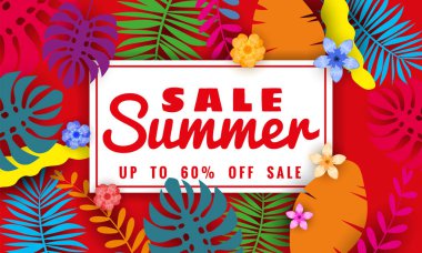 Yaz satışı afiş tropikal yaprakları çiçekler arka plan, renk egzotik çiçek tasarım banner, afiş, davetiye, poster ile mevsimlik satış için şablon. Kağıt kesme stili, vektör illüstrasyon