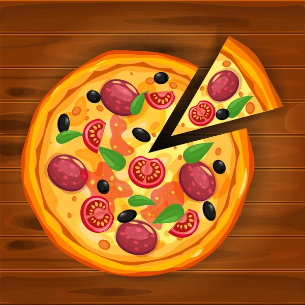 Pizza dan segitiga iris dengan bahan yang berbeda tomat, keju, zaitun, sosis, kemangi. Makanan cepat saji tradisional Italia. Top melihat makanan di papan kayu. Makanan ringan tradisional Eropa. Putih terisolasi - Stok Vektor