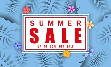 Yaz satışı kağıt kesim tarzı, afiş tropikal yaprakları çiçekler arka plan, renk egzotik çiçek tasarım banner, afiş, davetiye, poster ile mevsimlik satış için şablon. Vektör Illustration