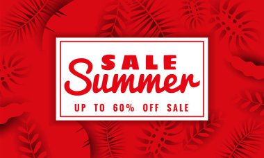 Yaz satışı afiş tropikal yaprakları çiçekler arka plan, renk egzotik çiçek tasarım banner, afiş, davetiye, poster ile mevsimlik satış için şablon. Kağıt kesme stili, vektör illüstrasyon