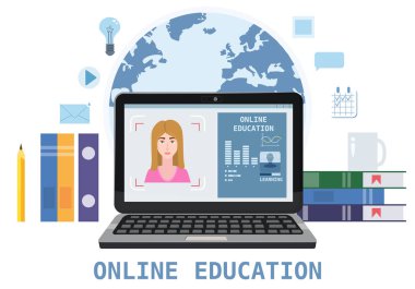 Dizüstü Elektronik Kütüphane uzaktan eğitim, online kurslar, e-öğrenme, Öğreticiler eğitim kursları üzerinde öğretmen antrenör eğitmen kadın ile online eğitim Webinar simgeler kompozisyon. Vektör düz