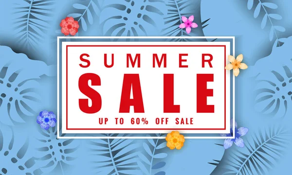 Summer sale paper cut style, banner template for seasonal sales with tropical leaves flowers background, color exotic floral design banner, flyer, invitation, poster. Vector illustration — Stock Vector