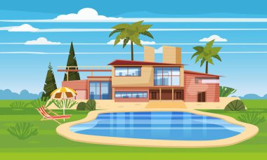Egzotik bir ülkede ikamet modern Villa, lahdscape tropikal palmiye ağaçları pahalı Konağı. Lüks yazlık ev dış mavi yüzme havuzu şezlong plaj şemsiye. Karikatür vektör