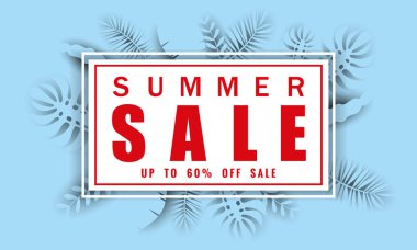 Tropikal yaprakları arka plan, renk egzotik çiçek tasarım afiş, el ilanı, davetiye, poster, web sitesi veya tebrik kartı ile mevsimlik satış için Yaz satış afiş şablonu. Kağıt kesme stili, vektör