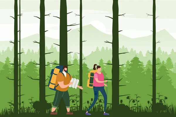 Los turistas linda pareja con mapa y mochilas realizando actividad turística al aire libre. Bosque árboles paisaje de montaña. Viajes de aventura, senderismo a pie turismo naturaleza salvaje trekking. Par de turistas — Vector de stock