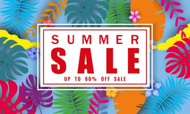 Yaz satışı afiş tropikal yaprakları çiçekler arka plan, renk egzotik çiçek tasarım banner, afiş, davetiye, poster ile mevsimlik satış için şablon. Kağıt kesme stili, vektör illüstrasyon