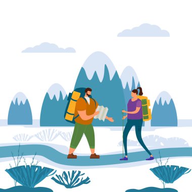 Turistler sevimli çift aşk açık turistik aktivite-macera seyahat, yürüyüş yürüyüş gezi turizm spor ve rekreasyon backpacking veya kamp vahşi doğa trekking gerçekleştirme. Dağ manzarası