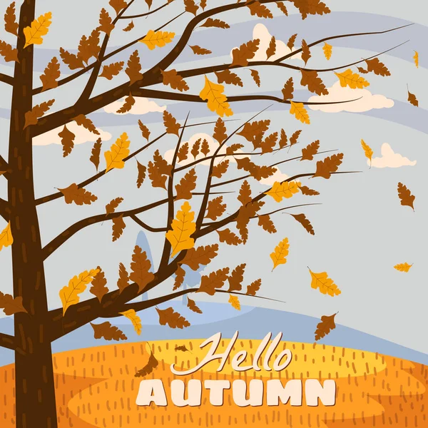 Autumn landscape, Hello autumn fall tree with falling yellow brown red leaves romantic view. Template poster, brochures, posters, postcards vector, isolated, cartoon style — Stock Vector