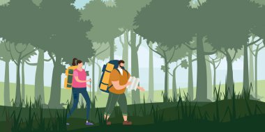 Turistler sevimli çift harita ve sırt çantaları açık turistik aktivite gerçekleştirme. Orman ağaçları dağ manzarası. Macera seyahat, yürüyüş yürüyüş gezi turizm vahşi doğa trekking. Çift turist