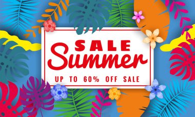 Yaz satışı afiş tropikal yaprakları çiçekler arka plan, renk egzotik çiçek tasarım banner, afiş, davetiye, poster ile mevsimlik satış için şablon. Kağıt kesme stili, vektör illüstrasyon